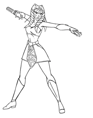 Ahsoka Tano em pose de combate, página de colorir detalhada de Star Wars, para imprimir grátis