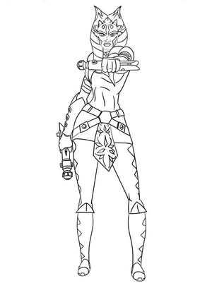 Ahsoka Tano em pose de combate, detalhada página para colorir de Star Wars, impressão gratuita