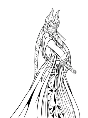 Ahsoka Tano em pose dinâmica, página para colorir detalhada de Ahsoka Tano, gratuita e imprimível