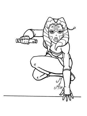 Ahsoka Tano pronta para ação, página para colorir média de Ahsoka Tano, impressão gratuita