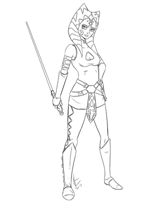 Ahsoka Tano em pose destemida, página para colorir detalhada de Ahsoka Tano, grátis para imprimir