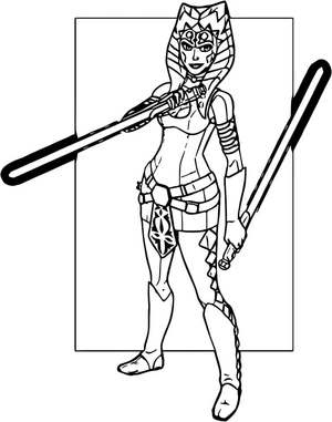 Ahsoka Tano com sabres de luz, página para colorir detalhada de Star Wars, grátis para imprimir