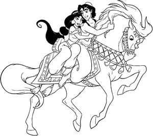 Página para Colorir Aladdin e Jasmine em um Safári a Cavalo