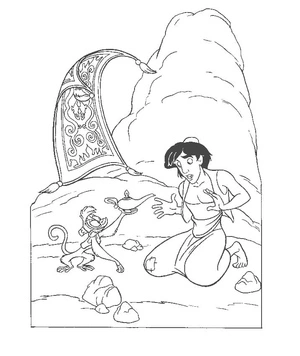 Página para Colorir Aladdin, com seu Tapete Voador e o travesso companheiro Abu