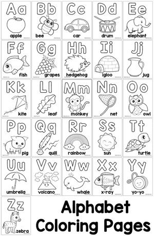 Página para Colorir Nomes de Animais do Alfabeto de A a Z