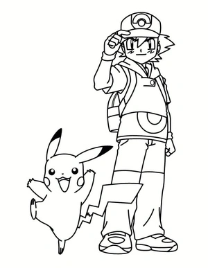 Página para Colorir Adoráveis Pikachu e Ash Ketchum