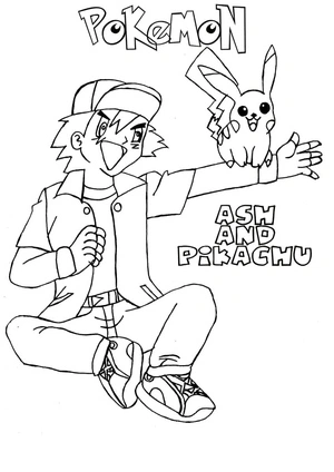 Página para Colorir Ash Ketchum e Pikachu da série Pokémon