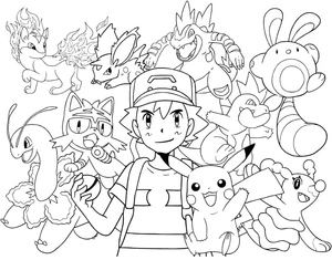 Página para Colorir Ash Ketchum e Pokémon