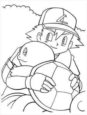 Página para Colorir Ash Ketchum e Squirtle em uma página para colorir
