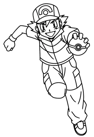 Página para Colorir Ash Ketchum segurando uma Pokébola