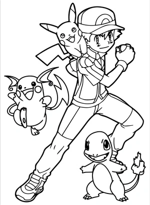 Página para Colorir Ash Ketchum com seus Pokémon