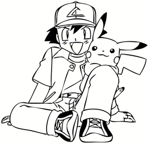 Página para Colorir Ash Ketchum e Pikachu Alegres
