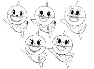 Família de tubarões sorrindo, página para colorir média Baby Shark, gratuita para imprimir