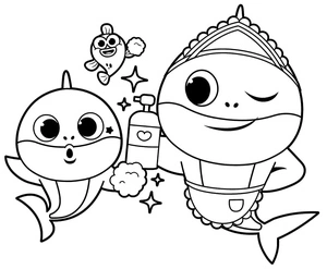 Bebê Tubarão e Mamãe Tubarão sorrindo, página de colorir fácil Baby Shark, imprimível grátis