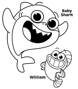 Baby Shark e William sorrindo, fácil página de colorir Baby Shark, impressão gratuita