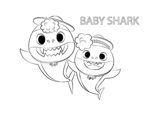 Dois bebês tubarão sorrindo, fácil página para colorir Baby Shark, imprimível grátis