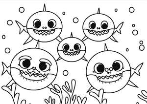 Família de tubarões sorrindo, fácil página para colorir Baby Shark, imprimível grátis