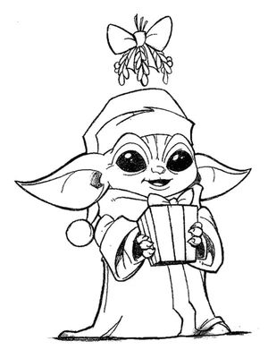 Página para Colorir Baby Yoda com um Presente