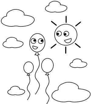 Sol sorridente e balões, fácil página para colorir de balão, imprimível grátis