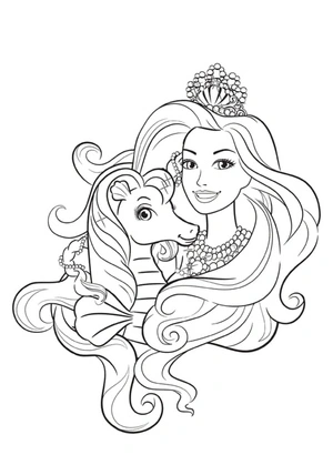 Página para Colorir Barbie Sereia e Cavalo-Marinho