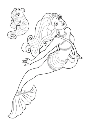 Página para Colorir Barbie Sereia montando Cavalo-marinho