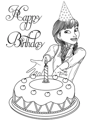 Página para Colorir Anna com um Bolo de Aniversário