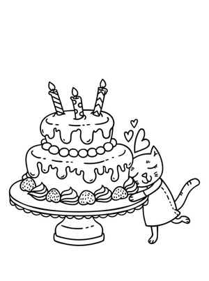 Página para Colorir Gato com Bolo de Aniversário