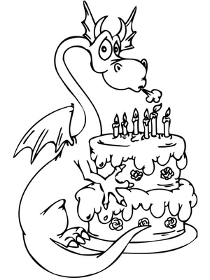 Página para Colorir Dragão com Bolo de Aniversário