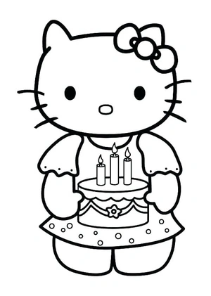 Página para Colorir Hello Kitty com Bolo de Aniversário