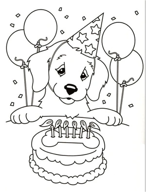 Página para Colorir Filhote com Bolo de Aniversário