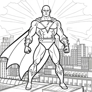 Black Adam em pé sobre a cidade, página para colorir detalhada de Black Adam, impressão gratuita