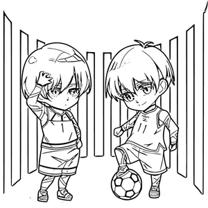 Dois personagens chibi com bola de futebol, página para colorir de Blue Lock detalhada, grátis para imprimir