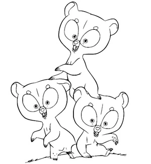 Três filhotes de urso brincando, fácil página para colorir do Corajoso, imprimível grátis