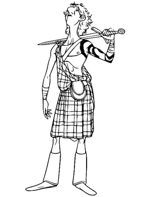 Jovem Macintosh com espada, detailed Corajoso coloring page, free printable