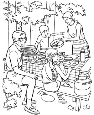 Página para Colorir Uma mãe carinhosa preparou uma refeição para toda a família.
