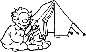 Página para Colorir Um homem se preparando para assar um marshmallow ao lado de sua barraca