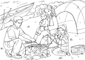Página para Colorir Uma Família Viajante Fazendo um Piquenique ao Ar Livre
