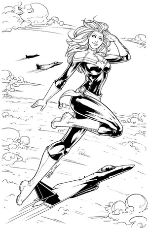 Capitã Marvel voando, página para colorir detalhada Capitã Marvel, impressão gratuita