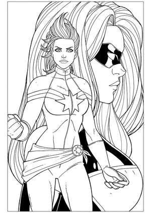 Capitã Marvel em pose poderosa, página de colorir detalhada dos quadrinhos, grátis para imprimir