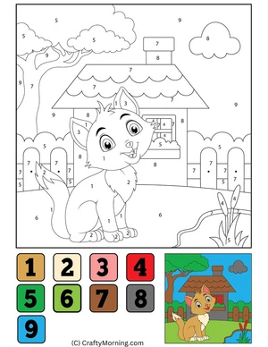 Página para Colorir Colorir por Número: Gato e Casa
