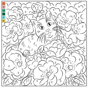 Página para Colorir Colorir por Número: Gato na Floresta das Flores