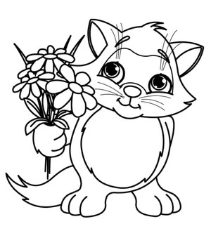 Página para Colorir Gato Adorável Cercado por Flores Lindas
