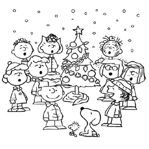 Página para Colorir Charlie Brown e seus Amigos Celebrando o Natal