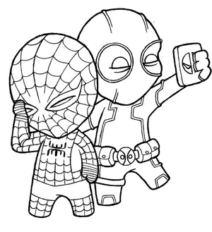 Página para Colorir Superman e Deadpool em estilo Chibi