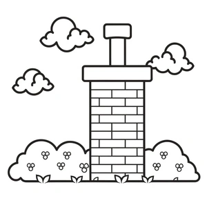 Chaminé com nuvens e arbustos, fácil página para colorir de chaminé, impressão gratuita