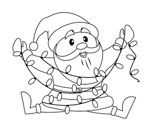 Papai Noel enrolado em luzes, fácil página para colorir de Natal, impressão grátis