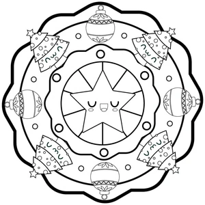 Página para Colorir Mandala Estrela Adorável com Árvore de Natal