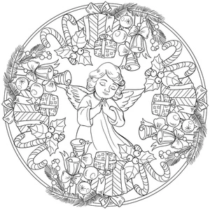 Página para Colorir Ser celestial cercado por doces e presentes em uma mandala temática de Natal