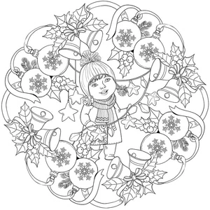 Página para Colorir Mandala de Natal: Menina com Sinos