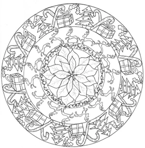 Página para Colorir Mandala de Natal com Caixas de Presente e Flores